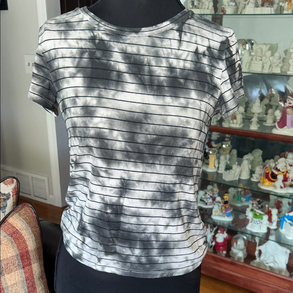 American Eagle Outfitters Black and White Striped Tie-Dye Tee